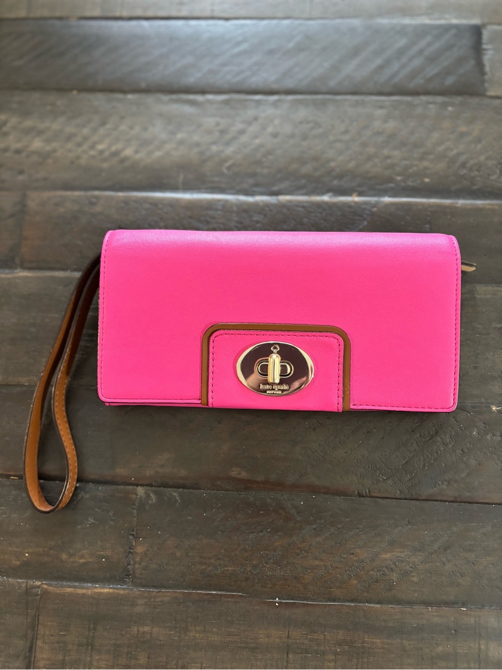 Kate Spade Hot Pink Leather Wristlet Clutch with Gold Hardware